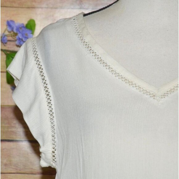 Ellen Tracy Size M Cream Very Short Sleeve Tunic Top Gauzy Cutout V-Neck Neutral - Picture 3 of 11